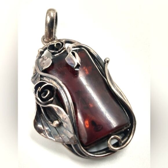 Baltic Amber Sterling Silver Art Nouveau Floral Pendant Vintage - Picture 3 of 16